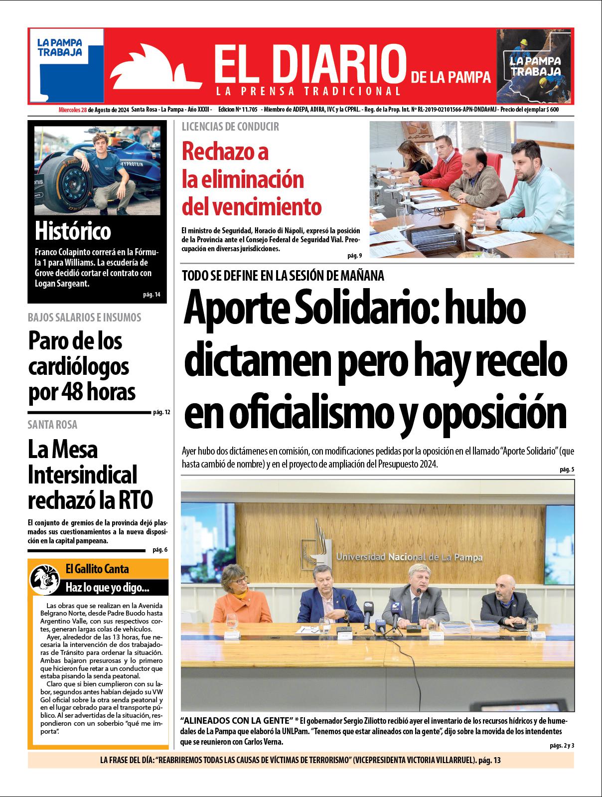 Tapa de El Diario en papel  mieacutercoles 28 de agosto de 2024